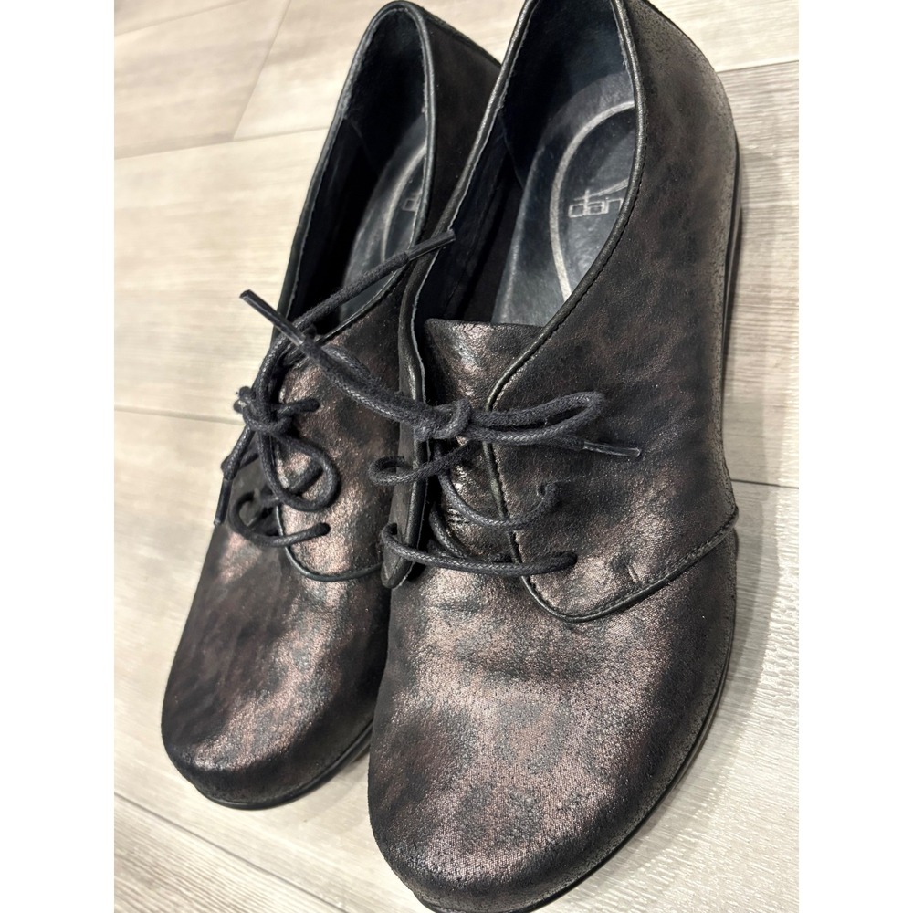 Dansko Womens 7.5/38 Metallic Bronze Black Leopard Print Leather Lace Up Oxfords
